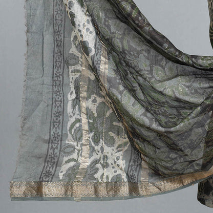 Grey - 2pc Bagru Ajrakh Dabu Block Printed Maheshwari Silk Suit Material Set with Zari Border