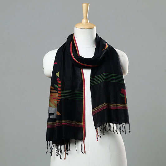 Black - Jamdani Handloom Cotton Stole with Tassels
