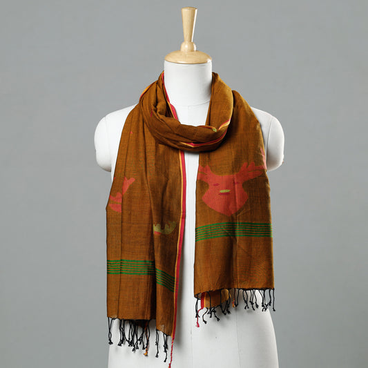 Brown - Jamdani Handloom Cotton Stole with Tassels