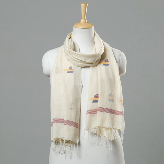 White - Jamdani Handloom Cotton Stole with Tassels