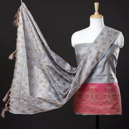 Grey - 3pc Banarasi Weave Cutwork Cotton Suit Material Set