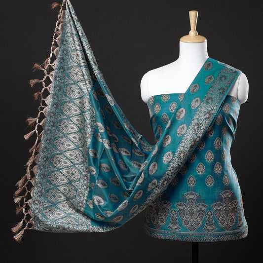 Green - 3pc Banarasi Weave Cutwork Cotton Suit Material Set