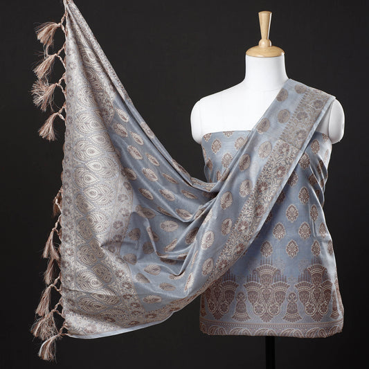 Grey - 3pc Banarasi Weave Cutwork Cotton Suit Material Set