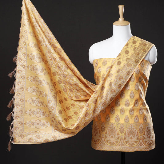 Yellow - 3pc Banarasi Weave Cutwork Cotton Suit Material Set