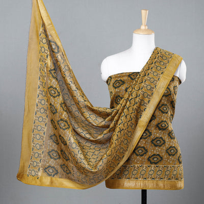 Yellow - 2pc Bagru Ajrakh Dabu Block Printed Maheshwari Silk Suit Material Set with Zari Border