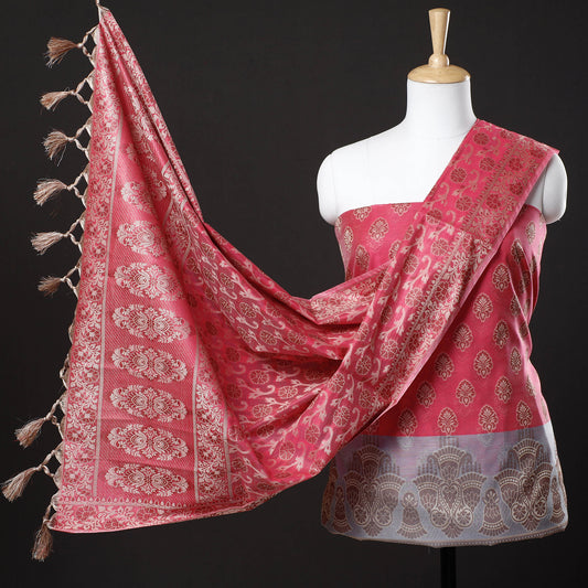 Pink - 3pc Banarasi Weave Cutwork Cotton Suit Material Set