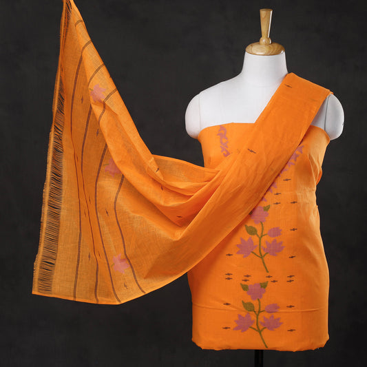 Orange - 3pc Manipuri Weave Handloom Cotton Suit Material Set