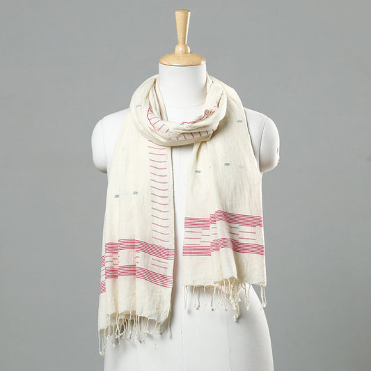 White - Jamdani Handloom Cotton Stole with Tassels