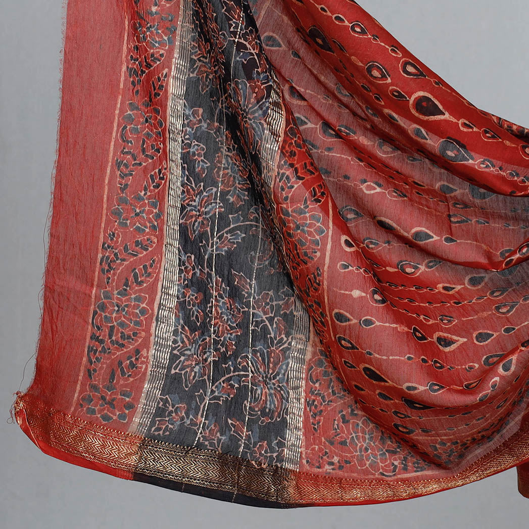 Black - 2pc Bagru Ajrakh Dabu Block Printed Maheshwari Silk Suit Material Set with Zari Border