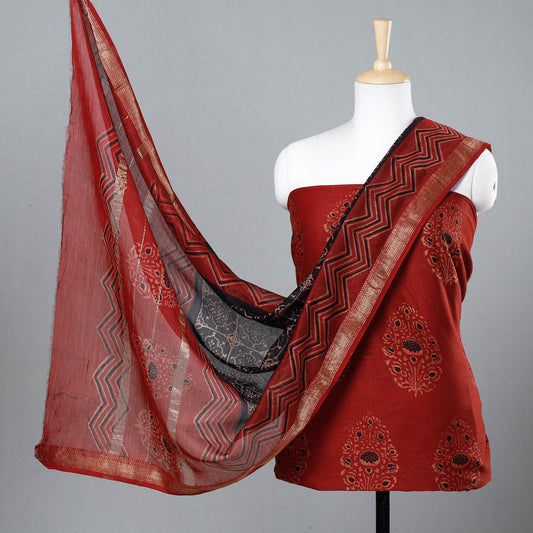 Red - 2pc Bagru Ajrakh Dabu Block Printed Maheshwari Silk Suit Material Set with Zari Border