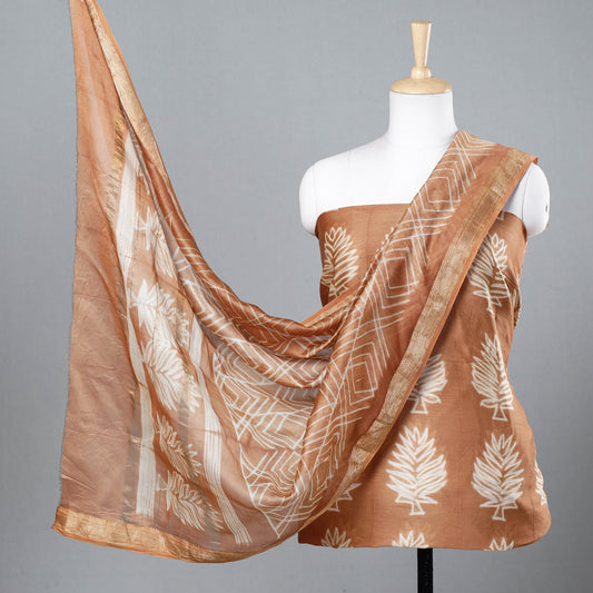 Brown - 2pc Shibori Tie-Dye Maheshwari Silk Suit Material Set with Zari Border