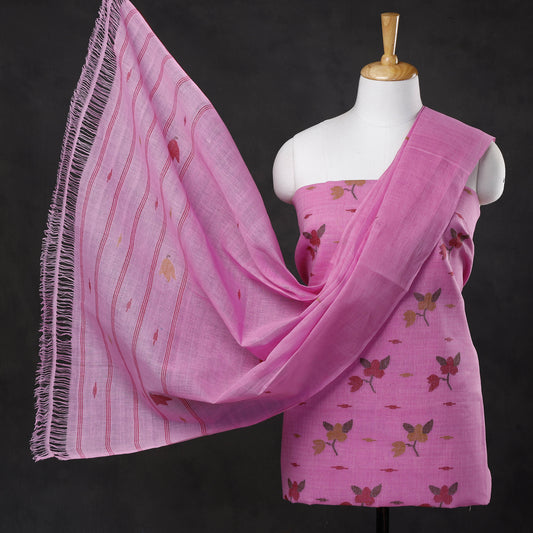 Pink - 3pc Manipuri Weave Handloom Cotton Suit Material Set