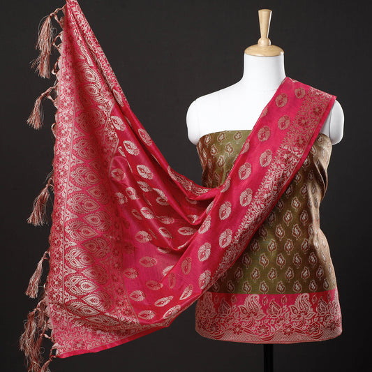 Green - 3pc Banarasi Weave Cutwork Cotton Suit Material Set