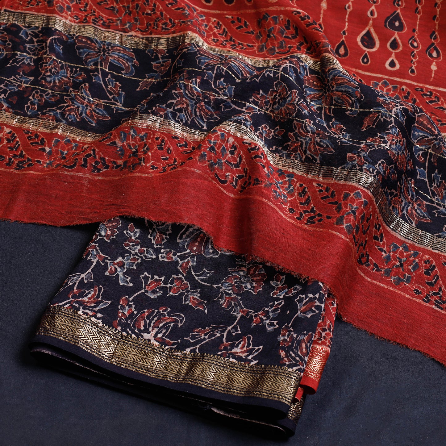 Black - 2pc Bagru Ajrakh Dabu Block Printed Maheshwari Silk Suit Material Set with Zari Border
