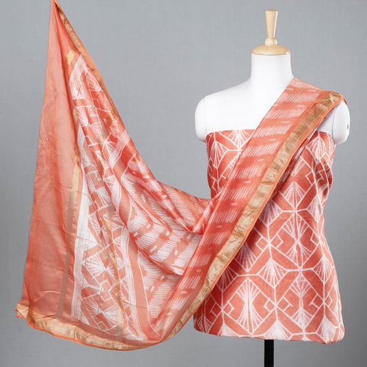Orange - 2pc Shibori Tie-Dye Maheshwari Silk Suit Material Set with Zari Border