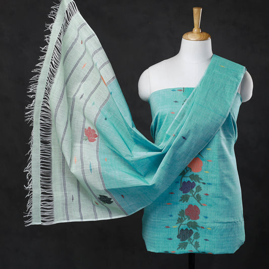 Blue - 3pc Manipuri Weave Handloom Cotton Suit Material Set