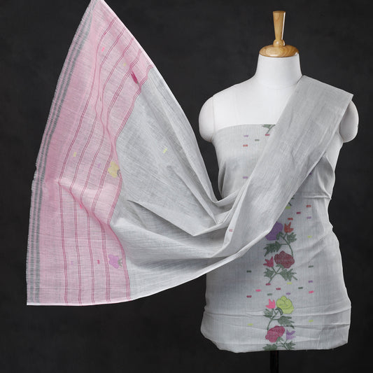 Grey - 3pc Manipuri Weave Handloom Cotton Suit Material Set