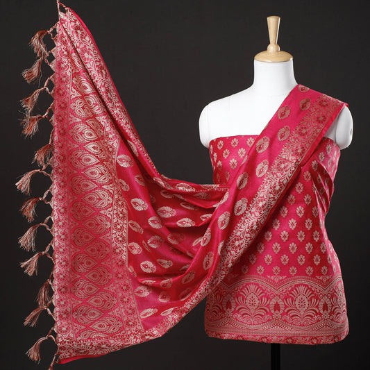 Pink - 3pc Banarasi Weave Cutwork Cotton Suit Material Set