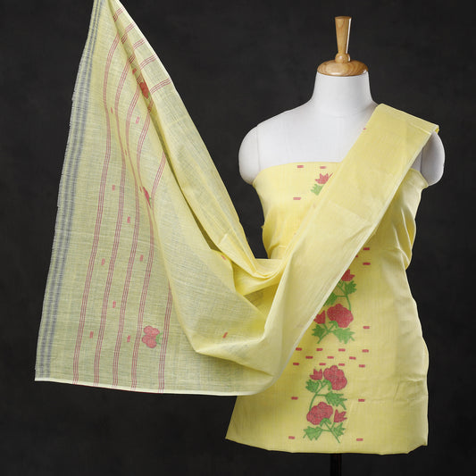Yellow - 3pc Manipuri Weave Handloom Cotton Suit Material Set