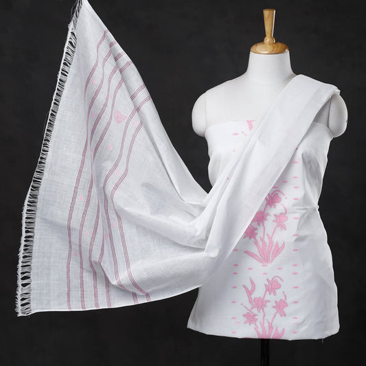 White - 3pc Manipuri Weave Handloom Cotton Suit Material Set