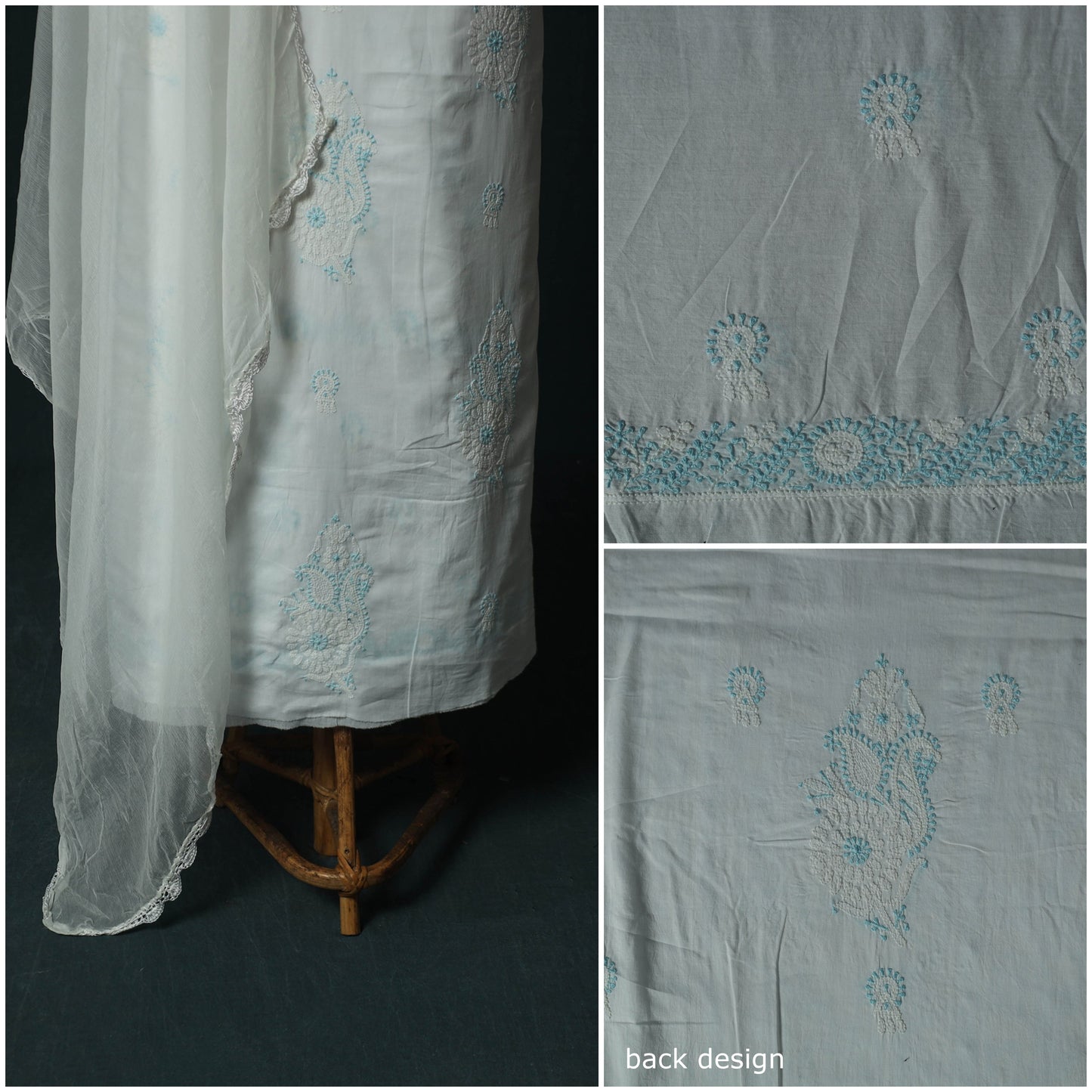 White - Lucknowi Chikankari Hand Embroidered Mul Cotton 3pc Unstitched Dress Material Suit Set 32