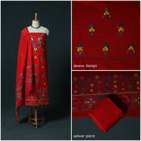 Red - Hand Embroidered Cotton 3pc Unstitched Dress Material 62