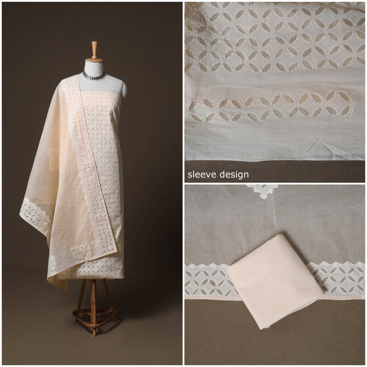 Applique Cutwork Cotton Unstitched Dress Material: Kurta, Bottom & Dupatta 32