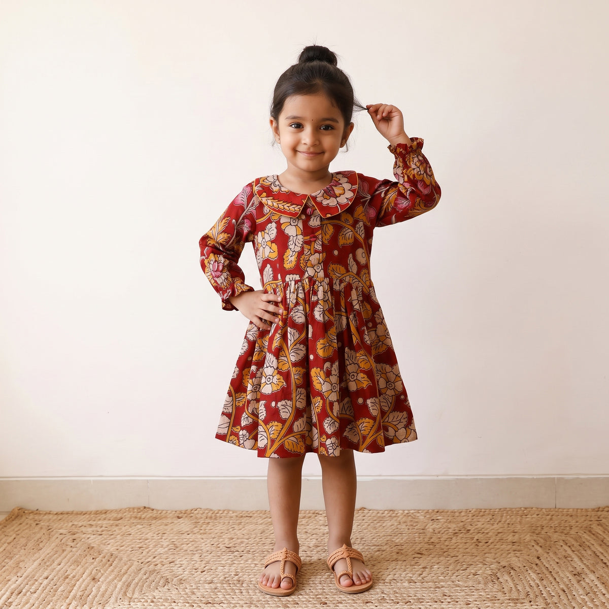 Red - pure cotton girls frock dress in kalamkari prints