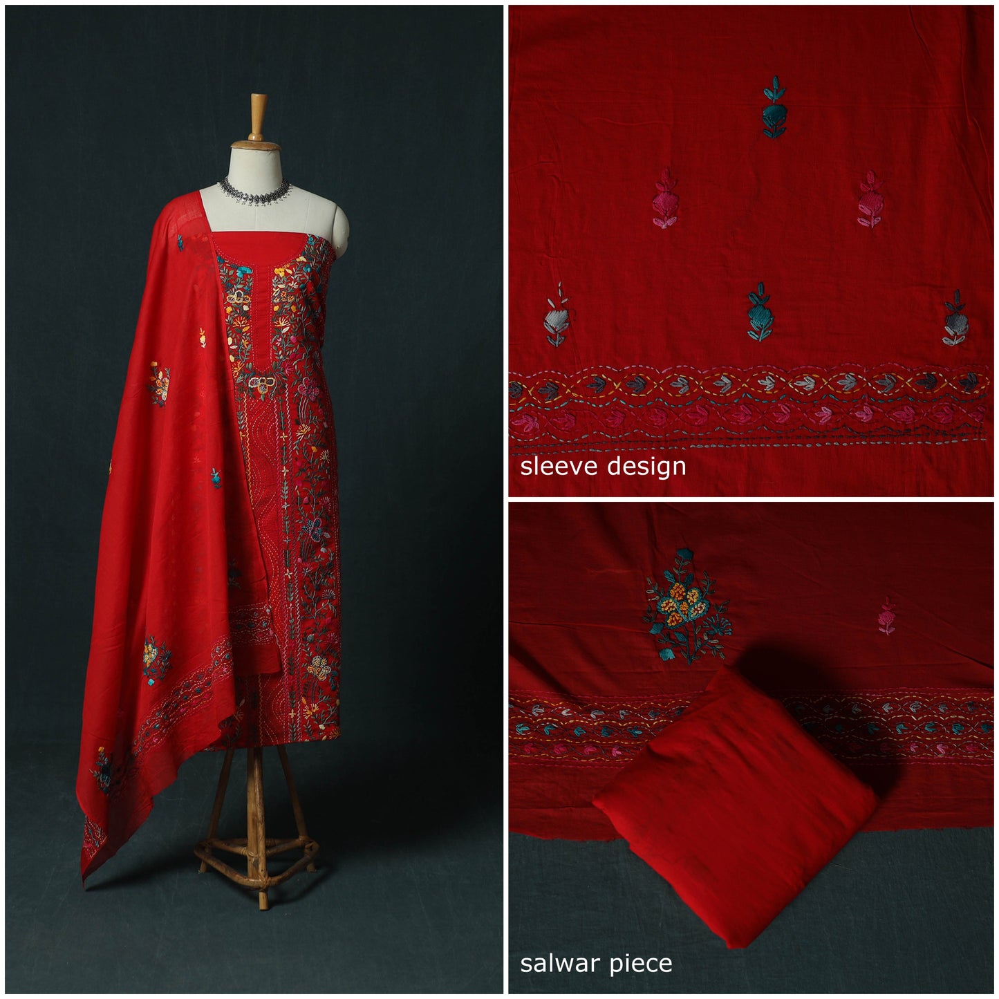 Red - Hand Embroidered Cotton 3pc Unstitched Dress Material 63