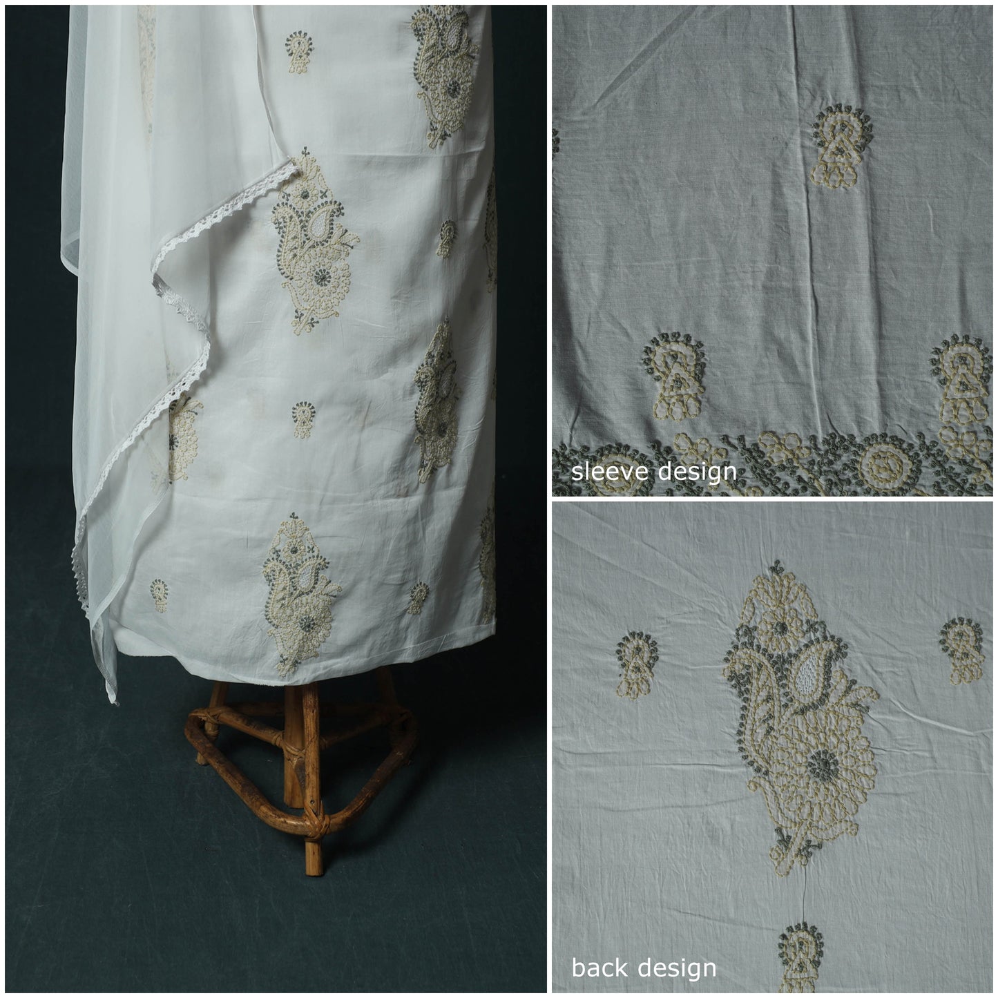 White - Lucknowi Chikankari Hand Embroidered Mul Cotton 3pc Unstitched Dress Material Suit Set 33