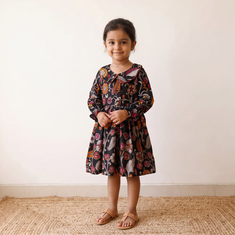 Black - Pure Cotton Girls Frock Dress in Kalamkari Prints (3-4 Years) 50