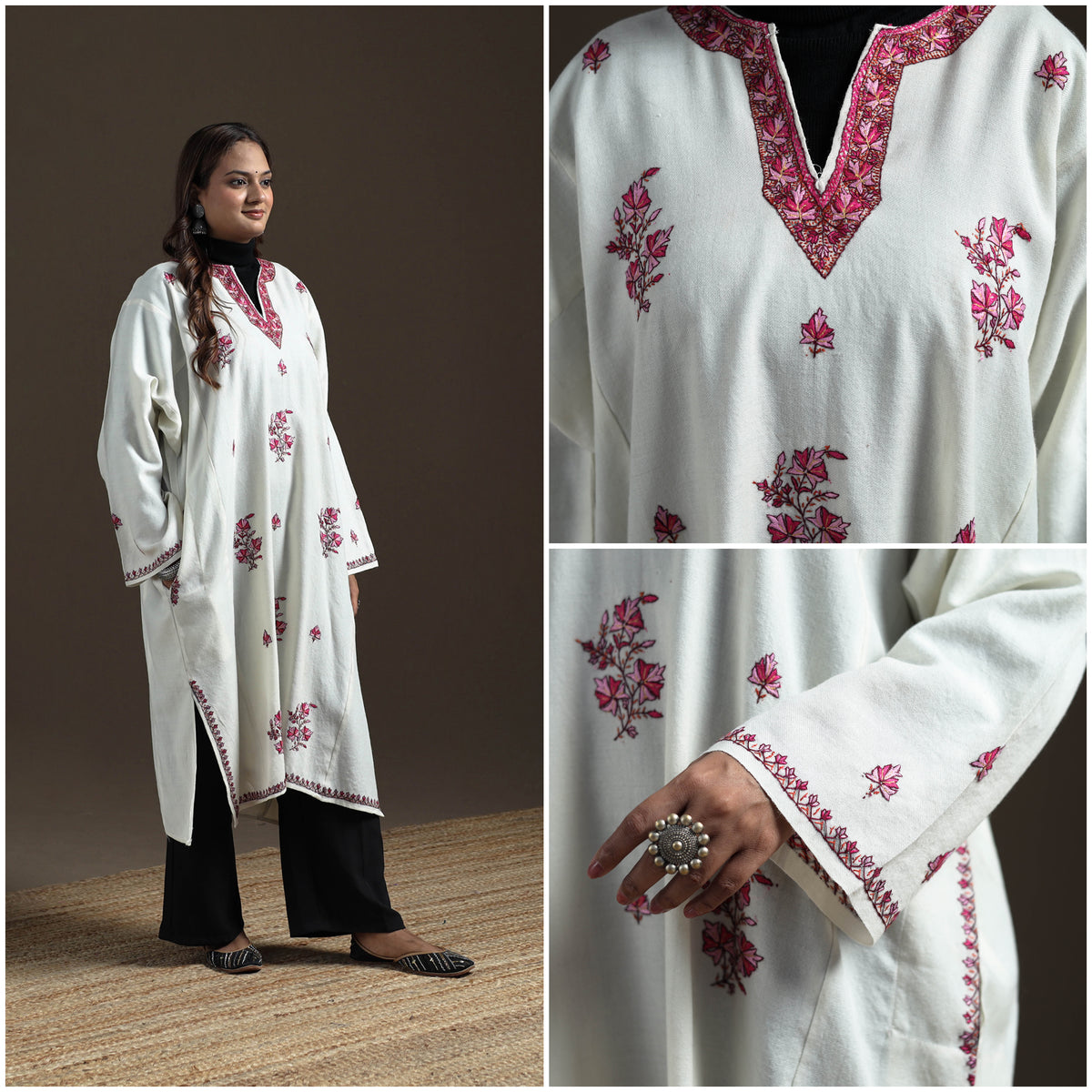 Kashmiri Heavy Sozni Hand Embroidered Handwoven Merino Wool Pheran 34