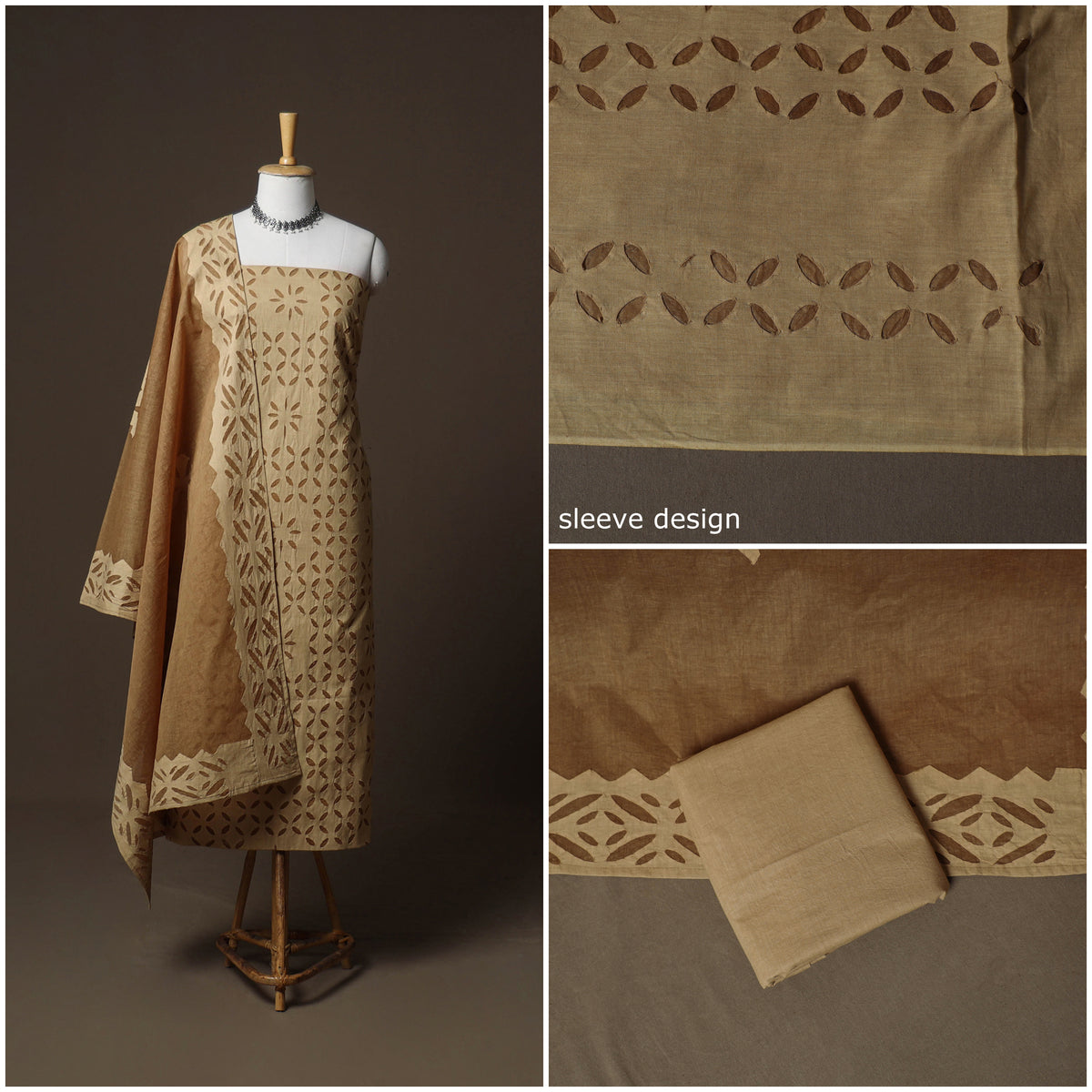 Applique Cutwork Cotton Unstitched Dress Material: Kurta, Bottom & Dupatta 33