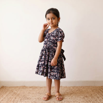 Black - pure cotton girls frock dress in sanganeri floral