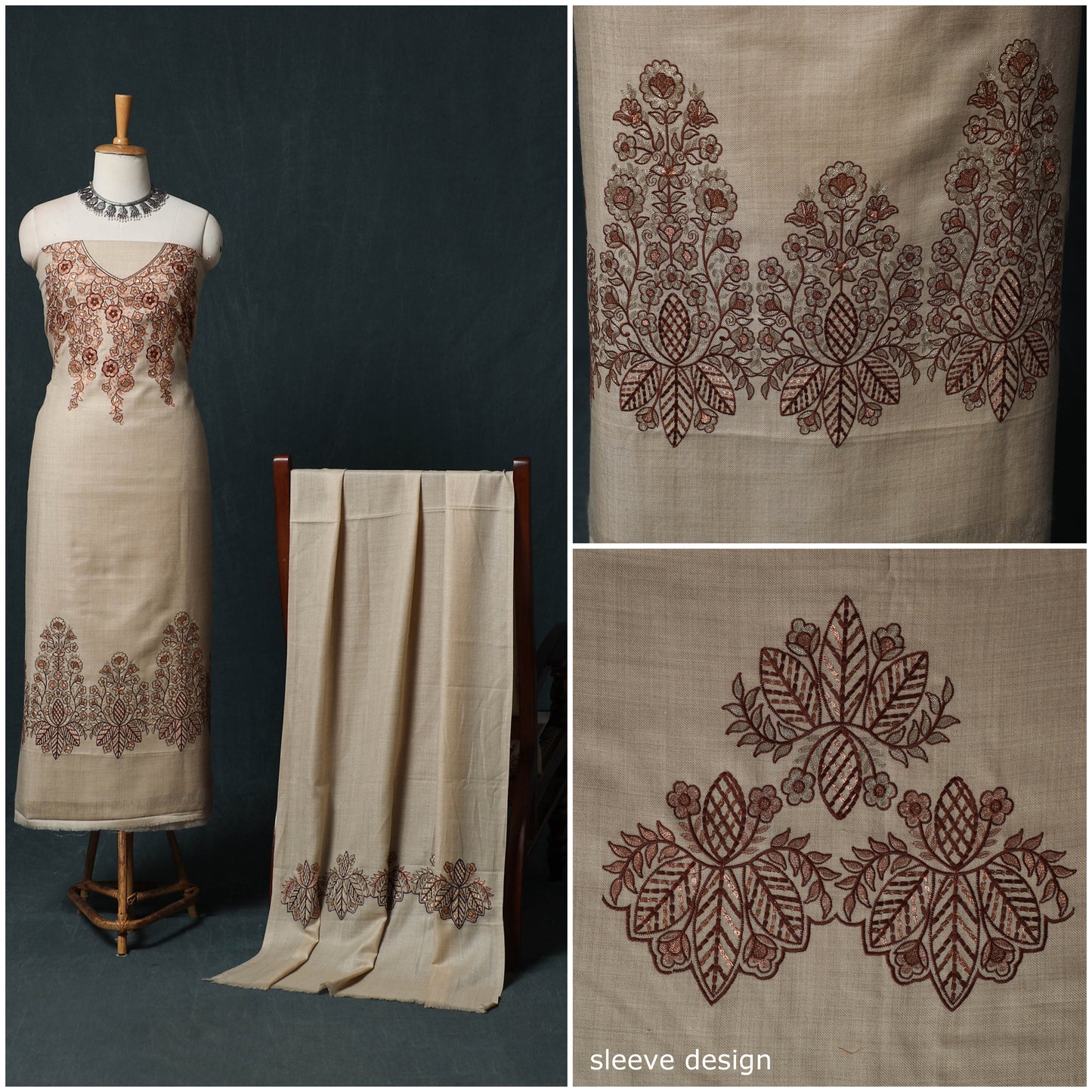 3pc Heavy Chain Stitch Embroidered Wool Unstitched Dress Material Suit Set 33
