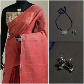 Red - Nazaakat Kota Doria Cotton Plain Saree with Blouse & Jewellery Set 61