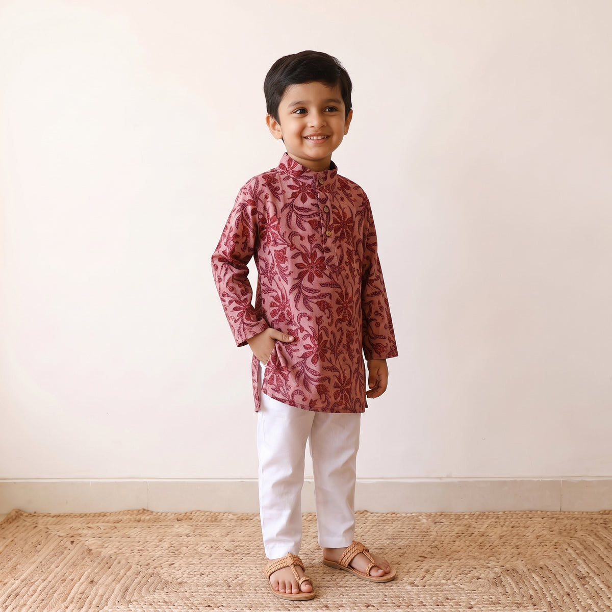 Pink - kids pure cotton kurta in bagru block prints (3-4