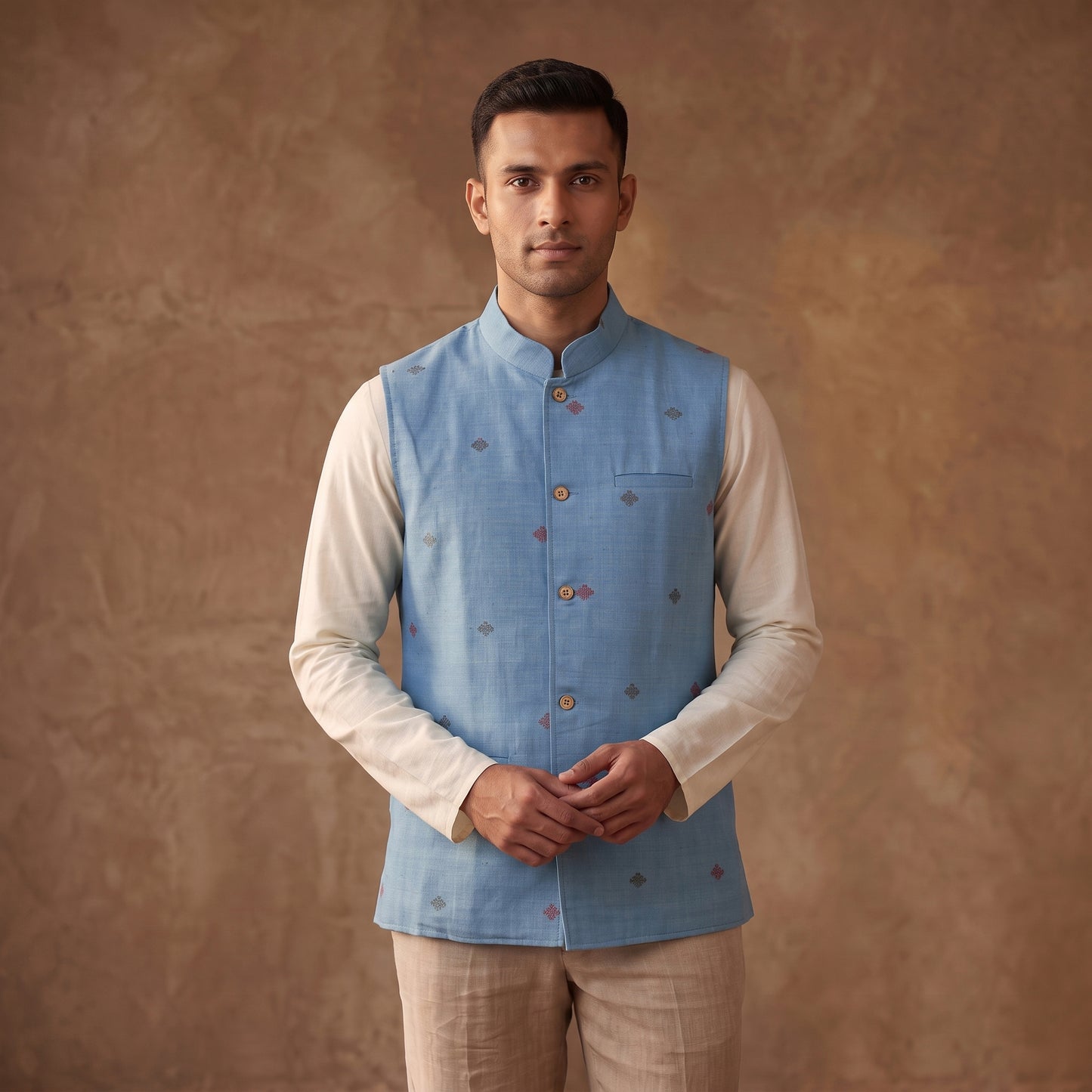 Handwoven Cotton Nehru Jacket for Men in Jamdani Buti of Srikakulam 13