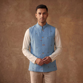 Handwoven Cotton Nehru Jacket for Men in Jamdani Buti of Srikakulam 13