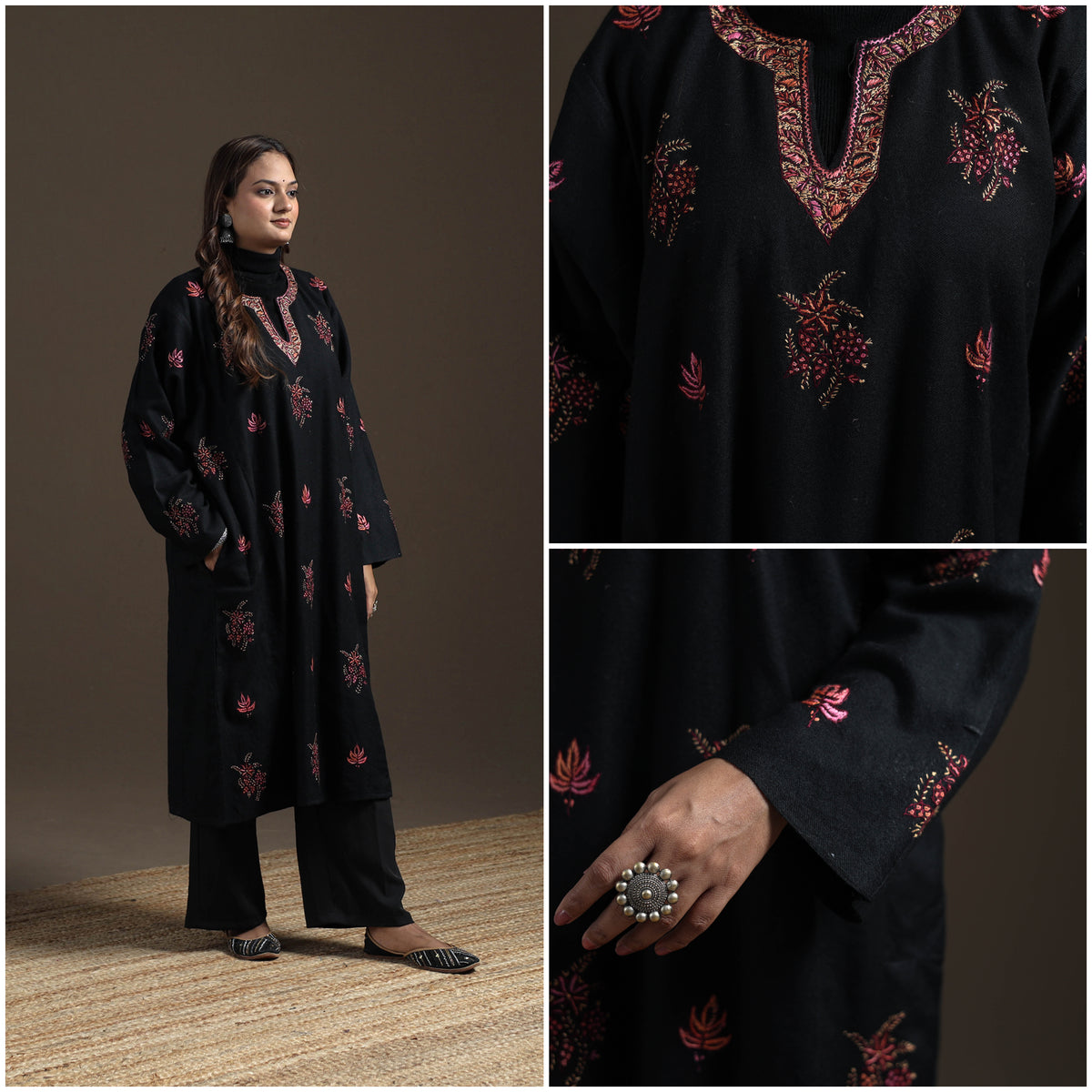 Kashmiri Heavy Sozni Hand Embroidered Handwoven Merino Wool Pheran 33