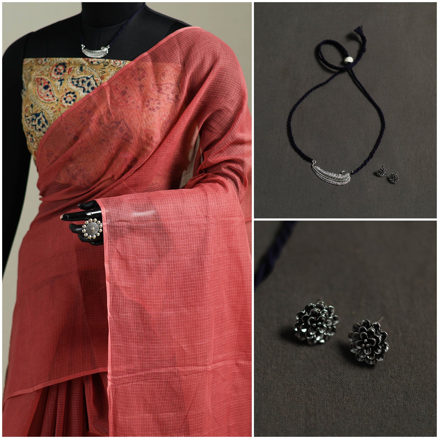 Red - Nazaakat Kota Doria Cotton Plain Saree with Blouse & Jewellery Set 62