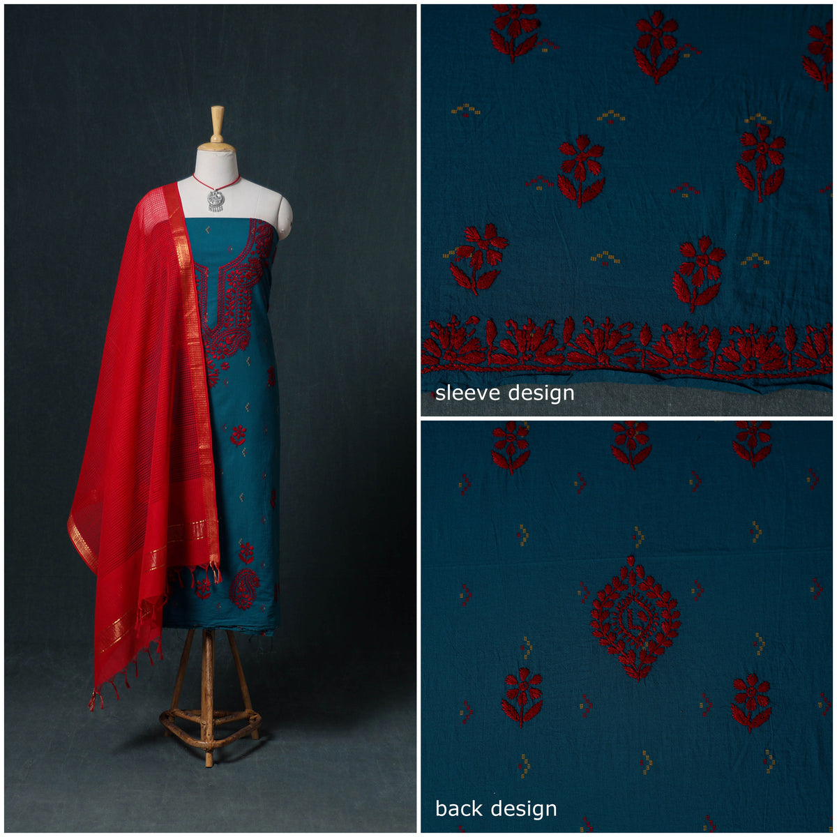 Lucknowi Chikankari Hand Work Unstitched Dress Material: Kurta & Dupatta with Jewellery 35