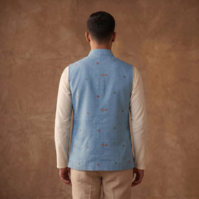 Handwoven Cotton Nehru Jacket for Men in Jamdani Buti of Srikakulam 13