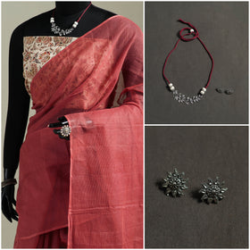 Red - Nazaakat Kota Doria Cotton Plain Saree with Blouse & Jewellery Set 63