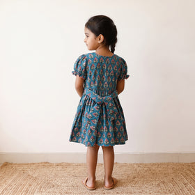 Blue - pure cotton girls frock dress in sanganeri floral