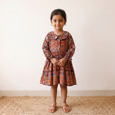 Red - Pure Cotton Girls Frock Dress in Kalamkari Prints (3-4 Years) 38