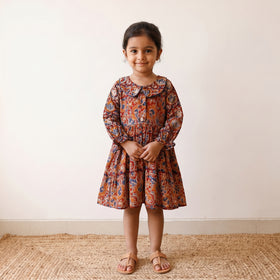 Red - pure cotton girls frock dress in kalamkari prints