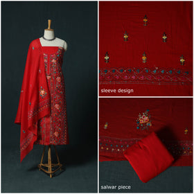 Red - Hand Embroidered Cotton 3pc Unstitched Dress Material 65