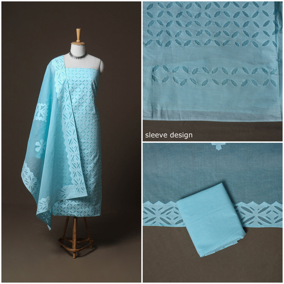 Applique Cutwork Cotton Unstitched Dress Material: Kurta, Bottom & Dupatta 35