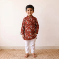Red - kids pure cotton kurta in bagru block prints (3-4